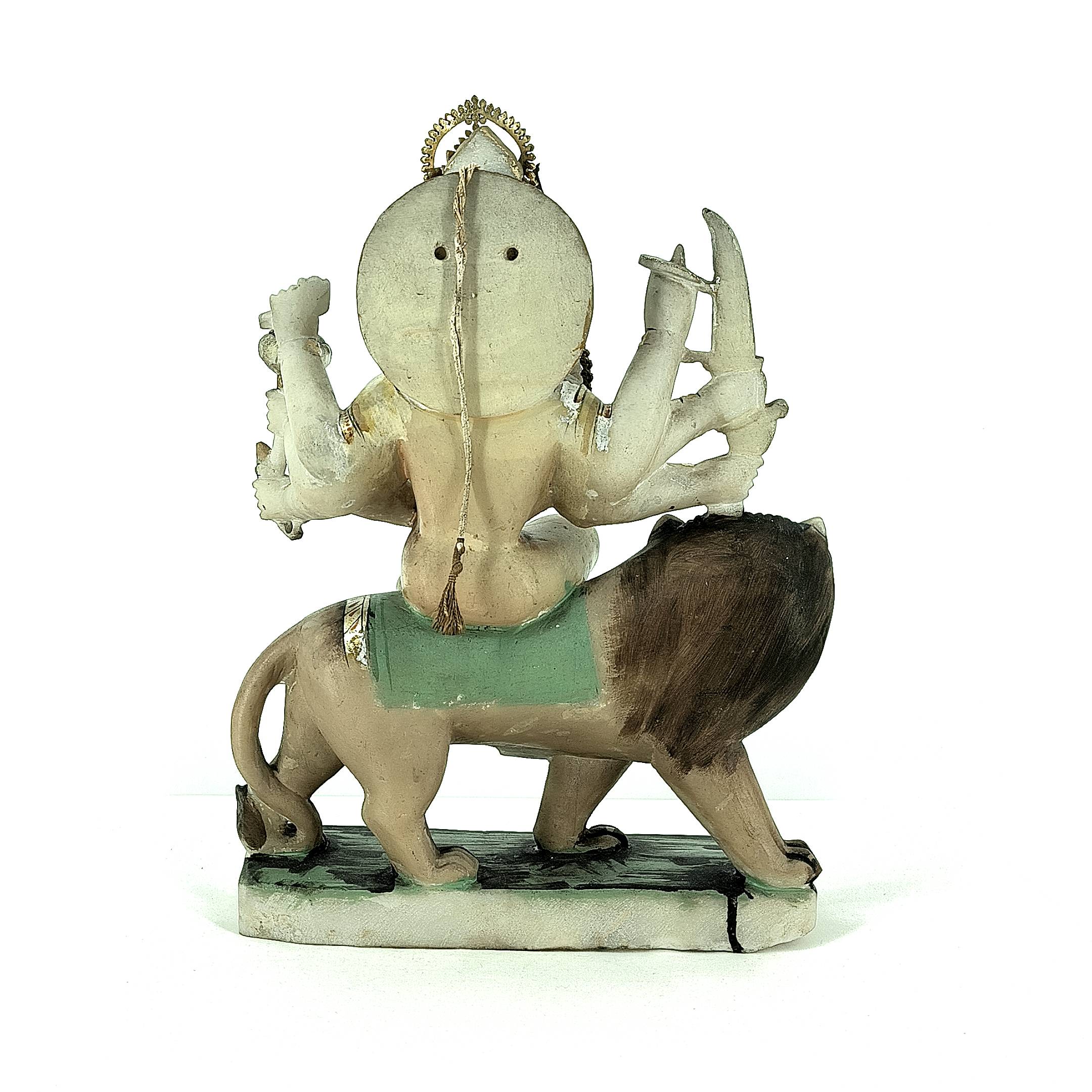 Divine Durga on Lion - Exquisite Milky Quartz Sculpture