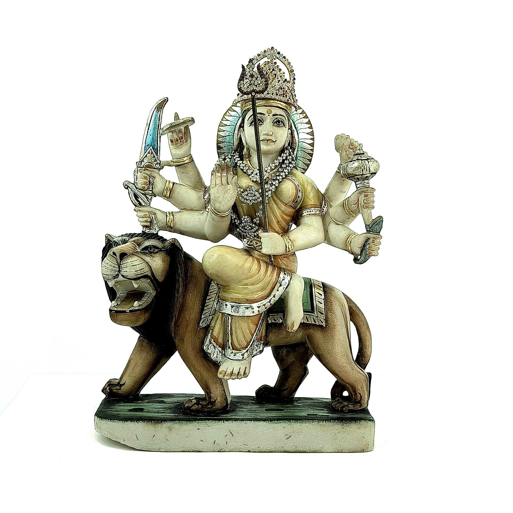Divine Durga on Lion - Exquisite Milky Quartz Sculpture